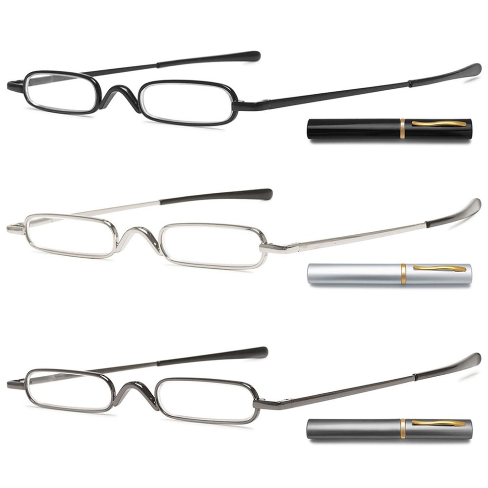 ABETOS 3 Pair Mini Compact Reading Glasses Slim Pen Reader Glasses with Portable Clip Case Spring Hinges Metal Fashion Pocket Readers for Men Women (Mix, 2.5)