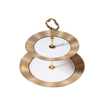 Cake Stand Golden Living Room Ceramic Dessert Table Display Multi-layer Snack Rack Bone China Fruit Plate Snack Cake Plate Dessert Stand (Color : Double layer)