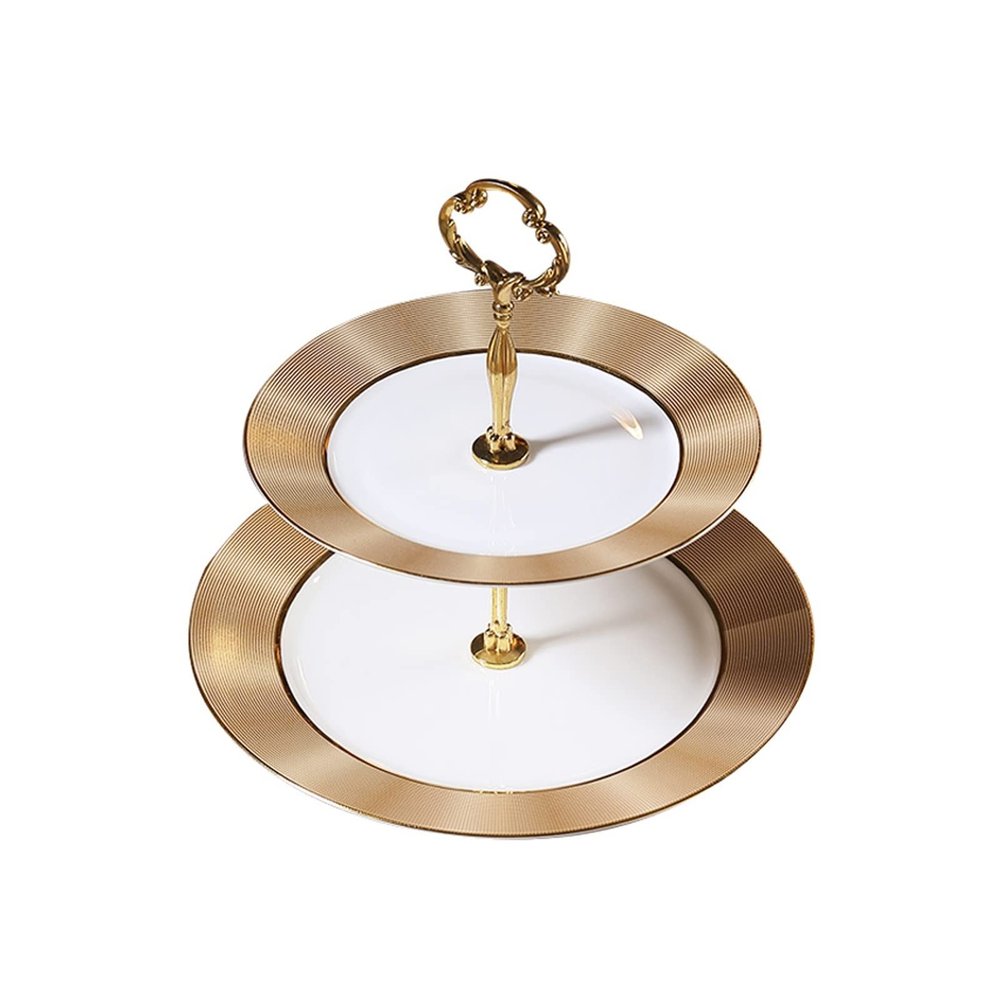 Cake Stand Golden Living Room Ceramic Dessert Table Display Multi-layer Snack Rack Bone China Fruit Plate Snack Cake Plate Dessert Stand (Color : Double layer)