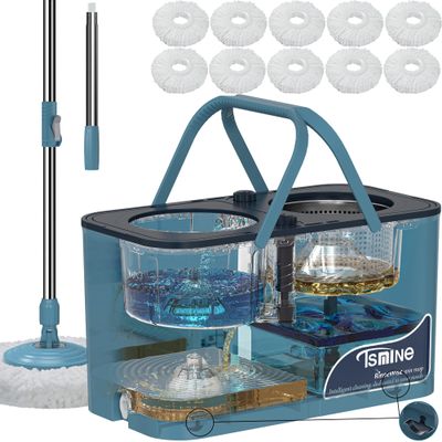 Gen 1 Large-Capacity Spin Mop and Bucket for Big Homes & Deep Cleaning Days,4-Chamber System Separates Dirty & Clean Water, 2-GAL Heavy-Duty Design with Wheels & 10 Refill Mop Heads - Blue/Grey