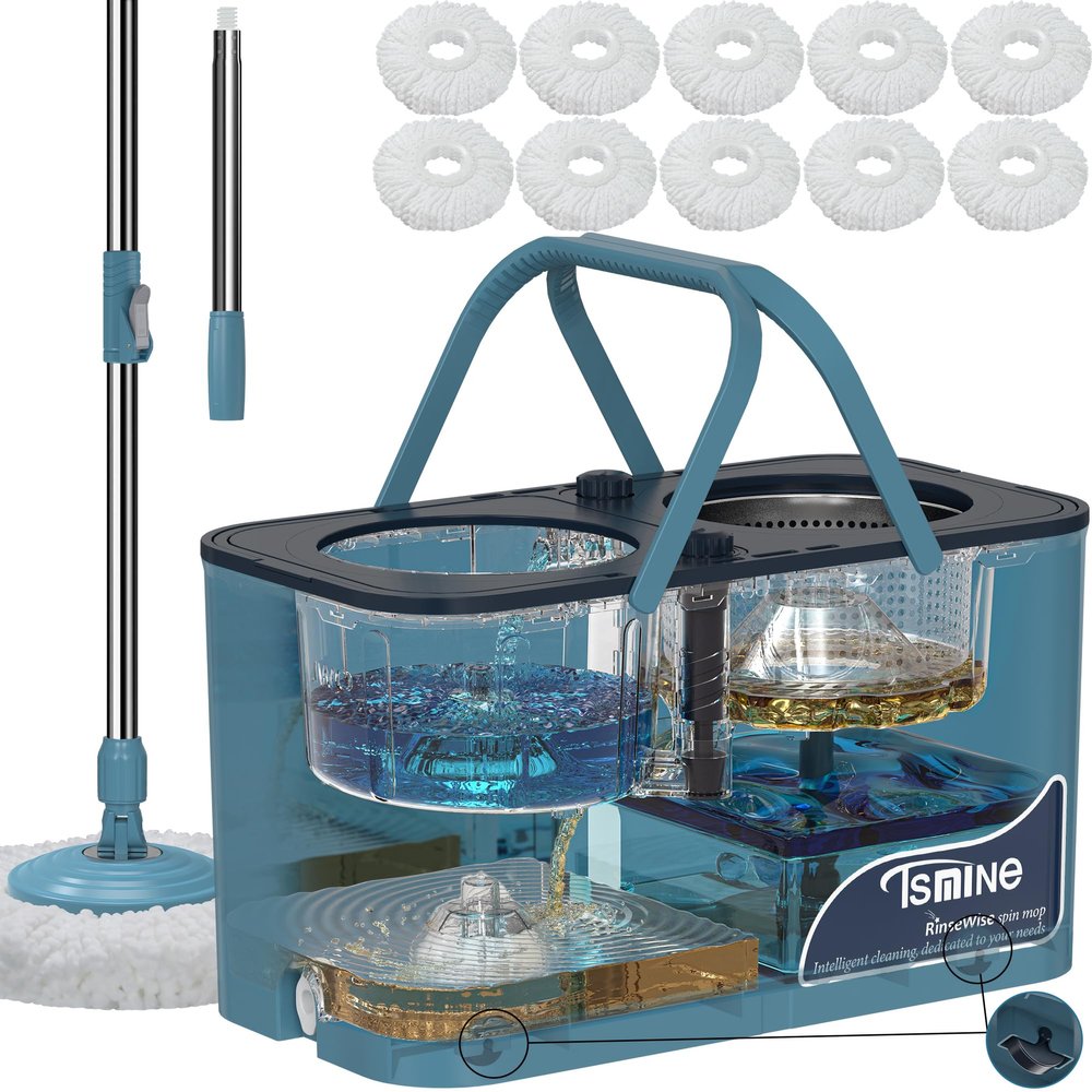 Gen 1 Large-Capacity Spin Mop and Bucket  for Big Homes & Deep Cleaning Days,4-Chamber System Separates Dirty & Clean Water, 2-GAL Heavy-Duty Design with Wheels & 10 Refill Mop Heads - Blue/Grey