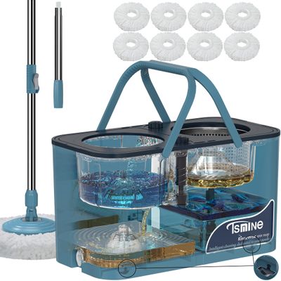 Spin Mop and Bucket System,Separates Dirty and Clean Water,4-Chamber Design,Mop and Bucket with Wringer Set,Wet & Dry Use,Best Home Floor Cleaning Tools with 8 Replacement Mop Heads,4X Wheel