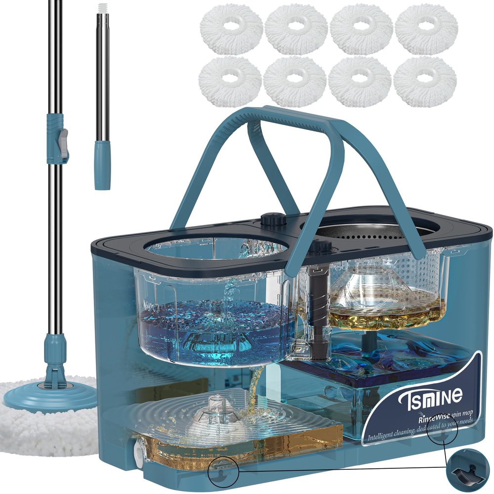 Spin Mop and Bucket System,Separates Dirty and Clean Water,4-Chamber Design,Mop and Bucket with Wringer Set,Wet & Dry Use,Best Home Floor Cleaning Tools with 8 Replacement Mop Heads,4X Wheel