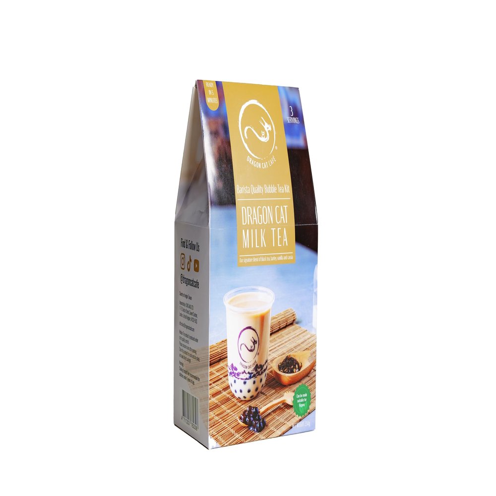 Dragon Cat Caf Bubble/Boba Milk Tea Kit (Pack of 3) with Instant Tapioca Pearls and Tea Biscuit Brew Tea Bags|Makes 3 Drinks| with 3 Paper Straws | BubbleTea Gift Set