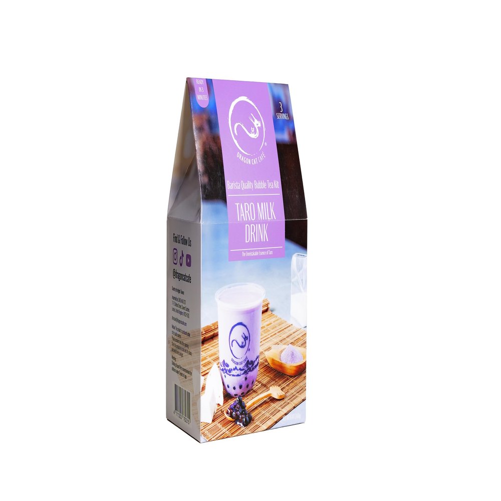 Dragon Cat Caf Bubble/Boba Tea Kit (Pack of 3) Taro Flavour with Instant Tapioca Pearls and Tea Powder | Makes 3 Drinks | with 3 Paper Straws | BubbleTea Gift Set