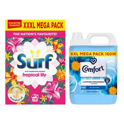 Surf Laundry Powder Tropical Lily & Ylang-Ylang 130 Washes 6.5 KG Washing Powder with Comfort Fabric Softener XXL Mega Pack Fabric Conditioner of Your Choice 160 Washes 4.8 Litre (Blue Skies)