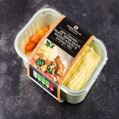 Tariq Halal Mini Chicken Fillets, Pepper Sauce, Mashed Potato & Chunky Veg (6 x 450g) Box
