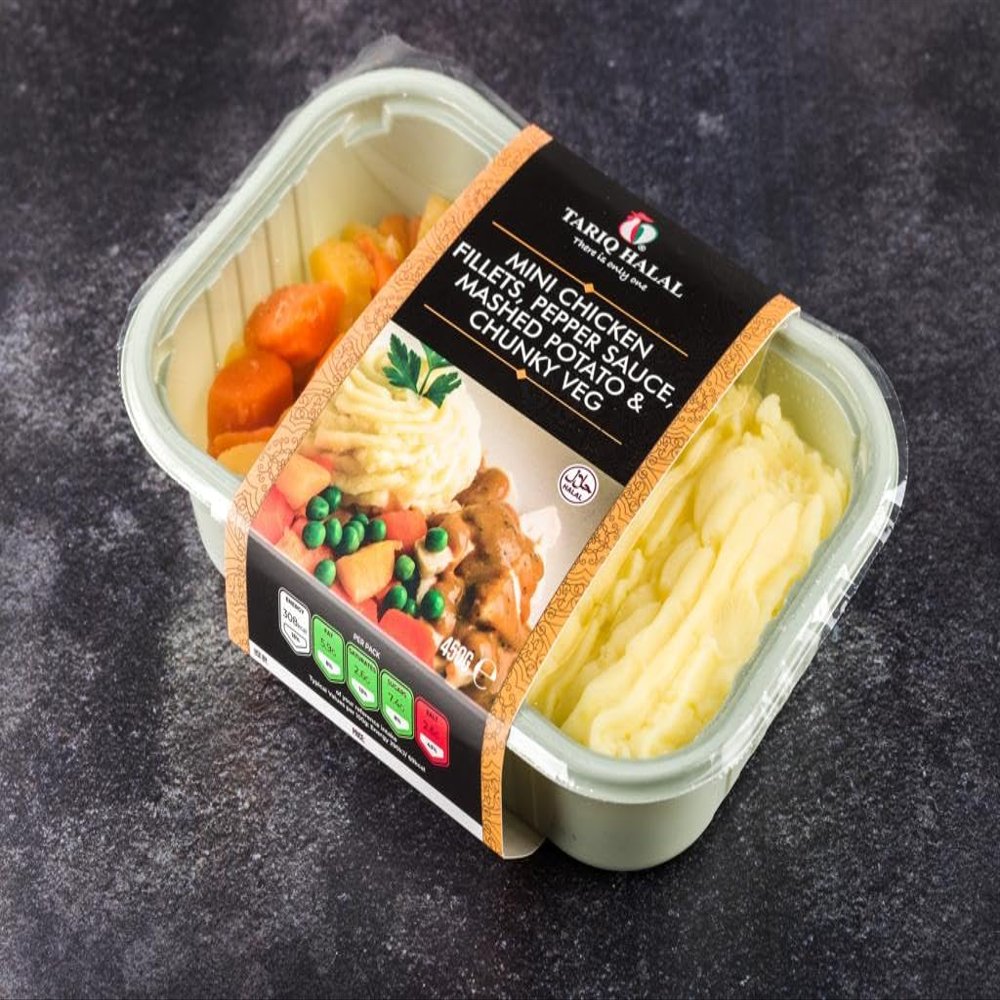 Tariq Halal Mini Chicken Fillets, Pepper Sauce, Mashed Potato & Chunky Veg (6 x 450g) Box