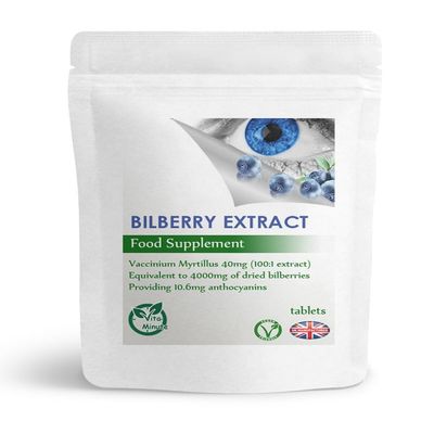 Bilberry Extract 4000mg Tablets, Organic (V) - Eye Health, Vision Support, UK (Pack of 90)