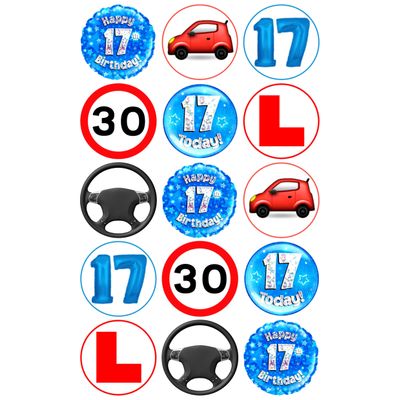15 x 17th Birthday BLUE Driving Mix Edible Wafer or Icing Cupcake Toppers Fun Xmas Party Cake Decorations (Premium Icing Sheet)