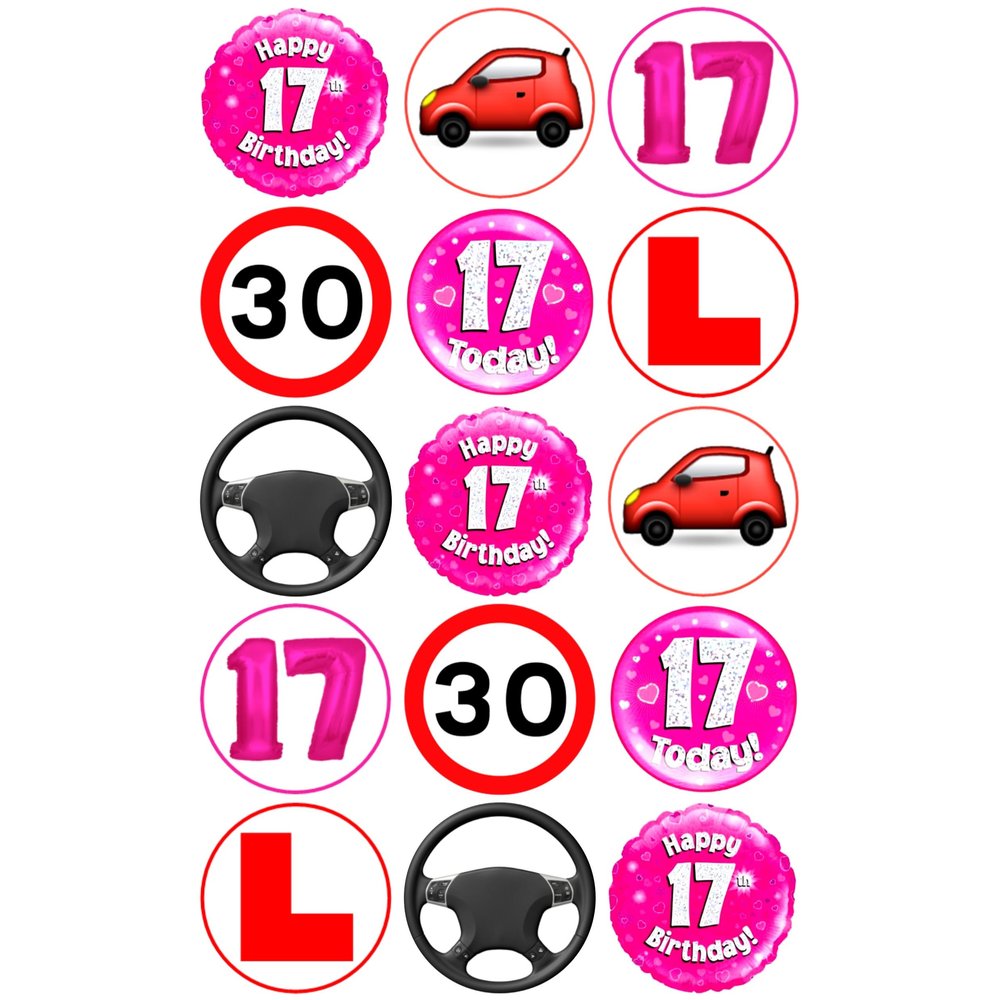 15 x 17th Birthday PINK Driving Mix Edible Wafer or Icing Cupcake Toppers Fun Party Cake Decorations (Premium Icing Sheet)