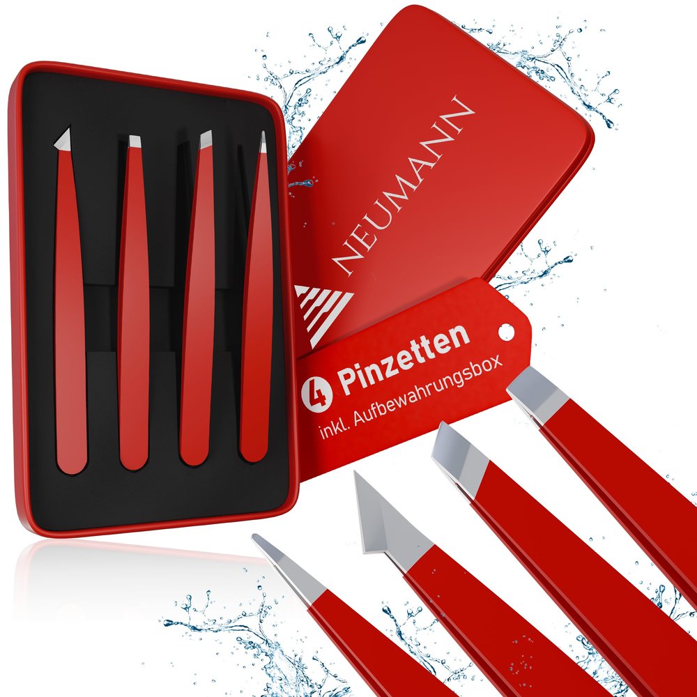 NEUMANN Tweezers Set (Stainless Steel) for Removing Eyebrows and Hair - Oblique Tweezers, Pointed Tweezers & More - Includes Storage Box [Red]