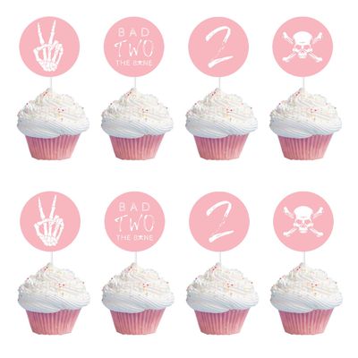 Bad Two The Bone Birthday Cupcake Toppers, 24pcs 2nd Birthday Cupcake Picks, Bone Skull Second Birthday Party Decor, Rock n Roll Music Birthday Party Cake Decorations Supplies Pink