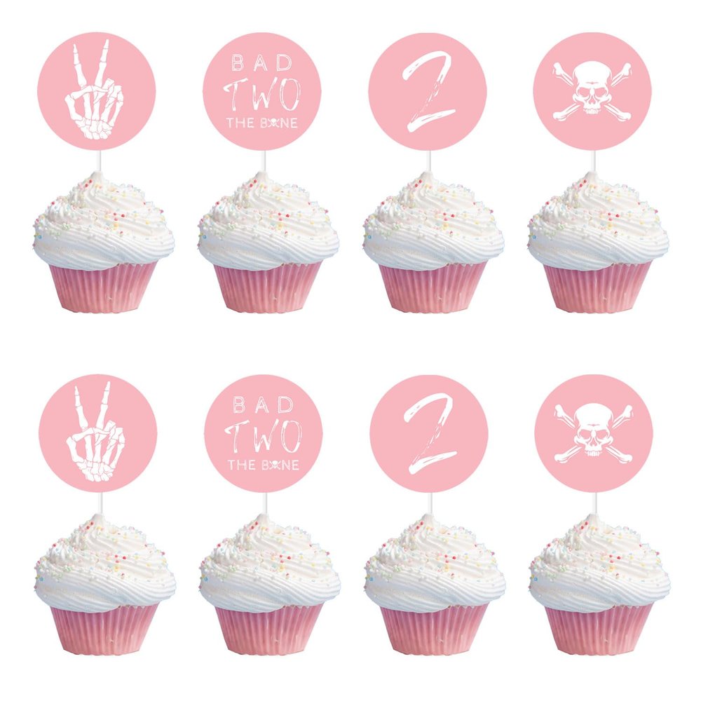 Bad Two The Bone Birthday Cupcake Toppers, 24pcs 2nd Birthday Cupcake Picks, Bone Skull Second Birthday Party Decor, Rock n Roll Music Birthday Party Cake Decorations Supplies Pink
