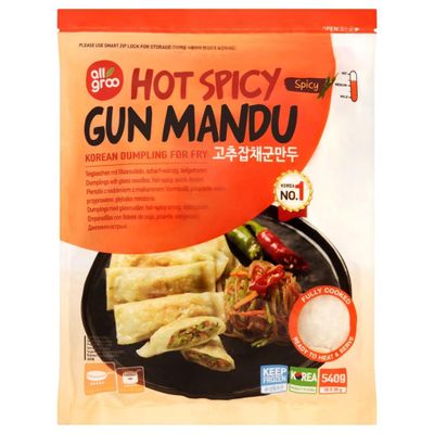 All groo Ready Meals Sides | Korean Dumpling for Stem | Fully Cooked Quick and Easy Meal Ideas | Authentic Korean Flavor Frozen Food | Halal Certified (Hot Spicy for Fry Mandu, 2 Pack)