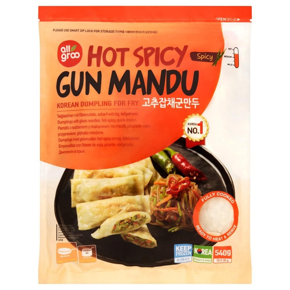 All groo Ready Meals Sides | Korean Dumpling for Stem | Fully Cooked Quick and Easy Meal Ideas | Authentic Korean Flavor Frozen Food | Halal Certified (Hot Spicy for Fry Mandu, 2 Pack)