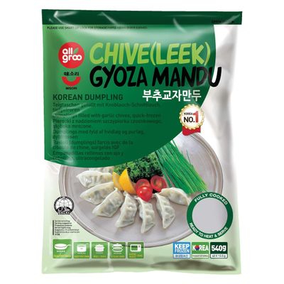 All groo Ready Meals Sides | Korean Dumpling for Stem | Fully Cooked Quick and Easy Meal Ideas | Authentic Korean Flavor Frozen Food | Halal Certified (Chive Gyoza (Leek Dumpling), 2 Pack)