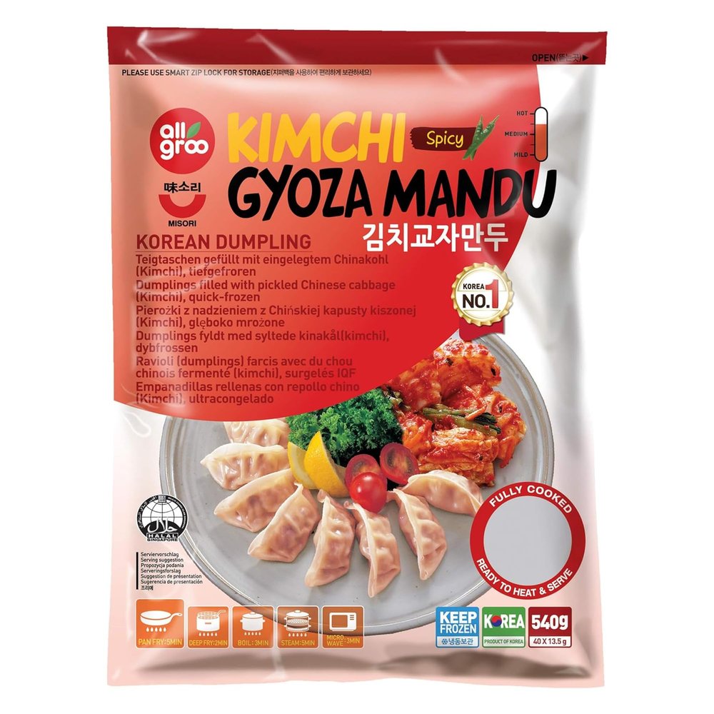 All groo Ready Meals Sides | Korean Dumpling for Stem | Fully Cooked Quick and Easy Meal Ideas | Authentic Korean Flavor Frozen Food | Halal Certified (Kimchi Gyoza, 3 Pack)