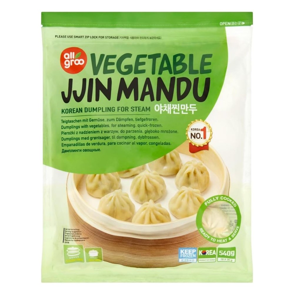 All groo Ready Meals Sides | Korean Dumpling for Stem | Fully Cooked Quick and Easy Meal Ideas | Authentic Korean Flavor Frozen Food | Halal Certified (Vegetable Jjin Mandu, 3 Pack)