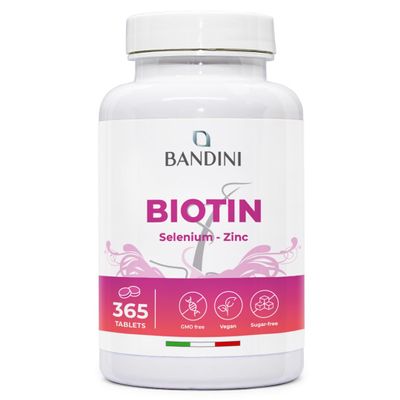 Bandini Biotin Hair Growth Supplement | 365 Vegan Tablets High Strength - 1 Year Supply | Biotin, Selenium & Zinc Complex | Healthy Skin & Nails for Women & Men | Non-GMO (Not Gummies)