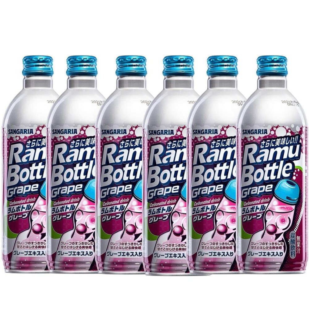 Sangaria Japanese Ramune Soda Drinks Ramu Bottle - Original, Grape, Melon Flavour 500ml (Pack of 6) - Grape Flavour