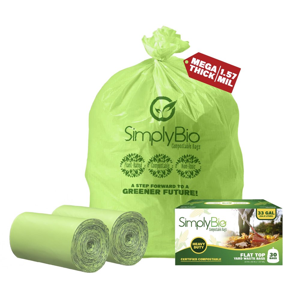Simply Bio 33 Gallon Compostable Trash Bags with Flat-Top, Heavy Duty Extra Thick 1.57 Mil, 124.92 Liter, 60 Bags, Large Lawn and Yard Waste Bag, ASTM D6400, US BPI and OK Compost Home Certified