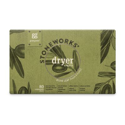 Grab Green Stoneworks Dryer Sheets, 80 Sheets, Olive Leaf Scent, Plant and Mineral Based, Softens Fabrics, Reduces Static-Cling and Wrinkles, Freshens Clothing