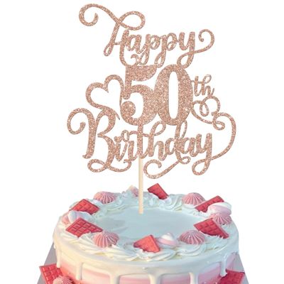 Rsstarxi 1 Pack 50th Birthday Cake Topper Glitter Cheers to 50 Years Birthday 50 Fabulous Cake Pick Decorations for Happy 50th Birthday Anniversary Party Cake Decorations Rose Gold