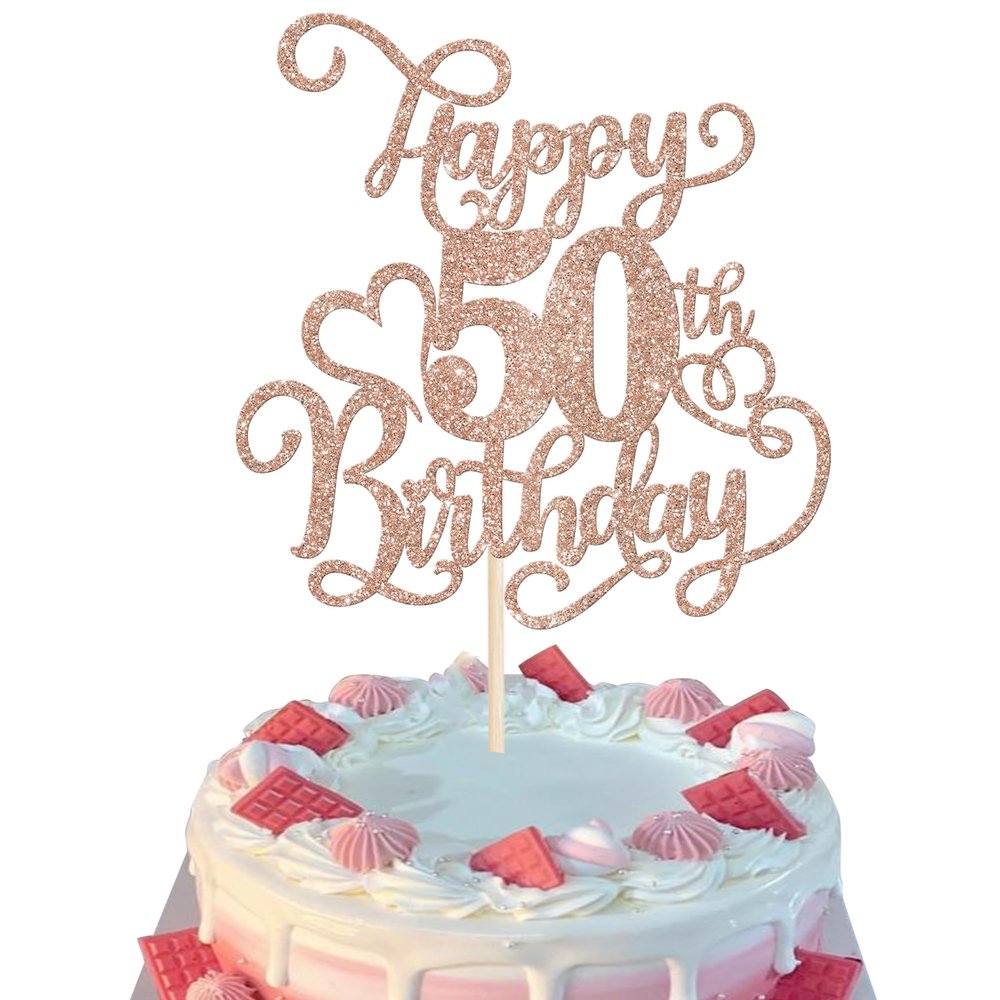 Rsstarxi 1 Pack 50th Birthday Cake Topper Glitter Cheers to 50 Years Birthday 50 Fabulous Cake Pick Decorations for Happy 50th Birthday Anniversary Party Cake Decorations Rose Gold