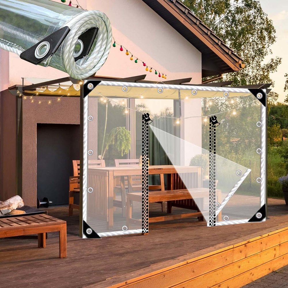 0.3mm waterproof pvc tarpaulin, transparent tarpaulin side panels with zipper door, outdoor clear tarp curtains with grommets, pergola gazebo patio porch carport rain curtains,LH-6.4*3m(21*9.8ft)