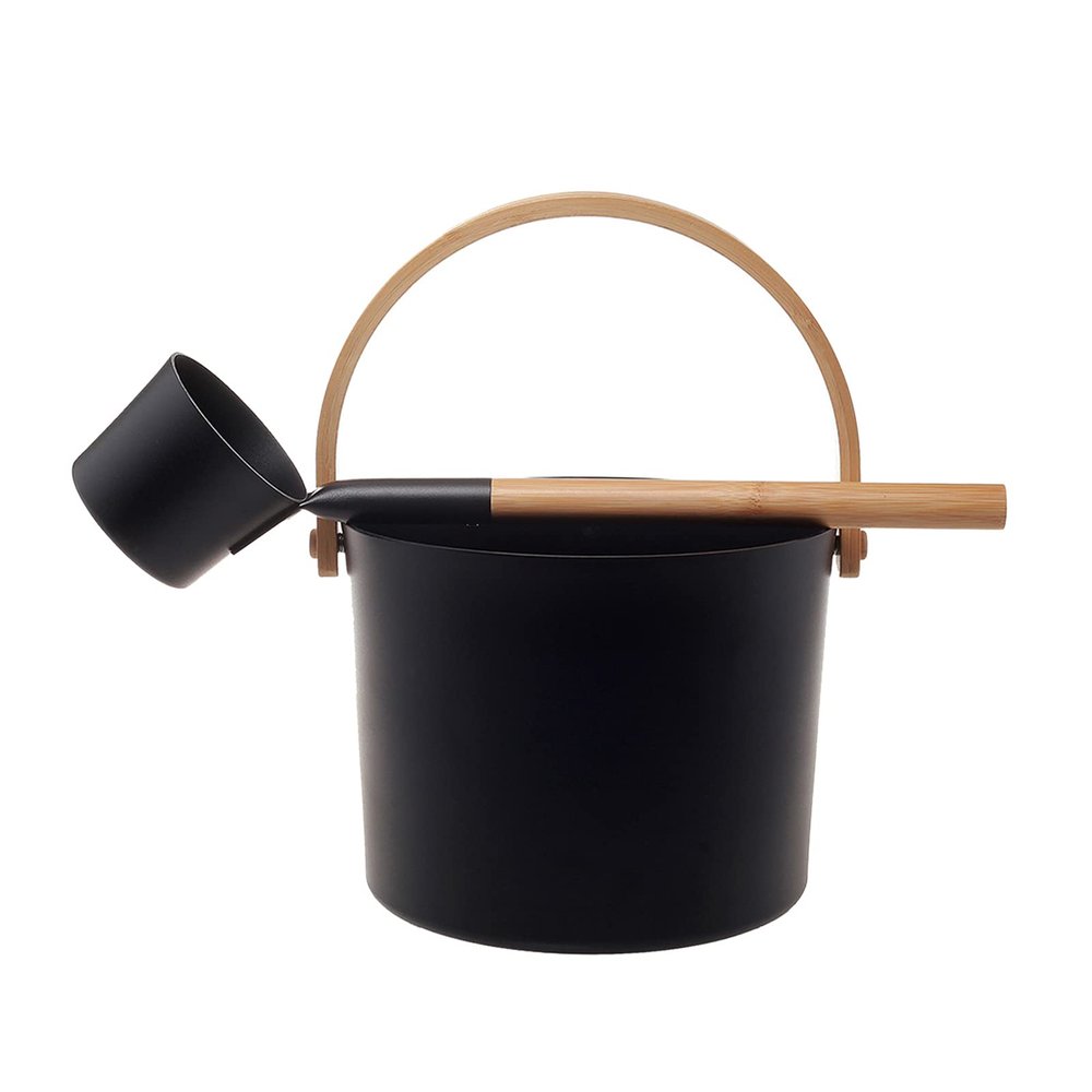 Tiuimk Retro Aluminum Sauna Bucket Barrel With Laddle Kit 5L Black_Style C