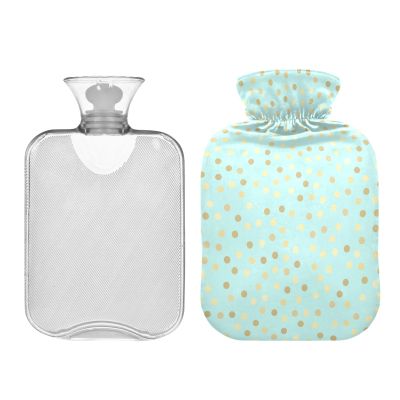 Classic Hot Water Bottle with Cover Teal Golden Glitter Polka Dots Cute Hot Water Bags Warm Water Bag Pouch for Pain Relief Hand Feet Hot Therapy 2 Liter