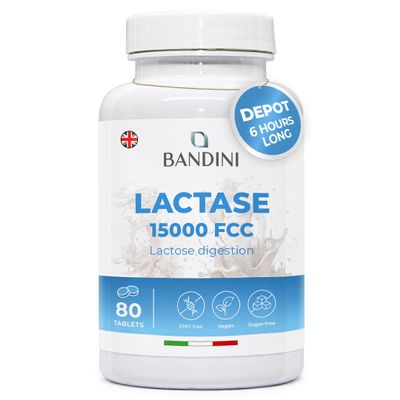 Bandini Lactase Extra-Strength Dose 15,000 FCC - Helps with Lactose Intolerance - 80 Tablets - Supports The Lactose Digestion - Slow Release Digestive Enzymes Supplement - 100% Vegan - Chemical Free
