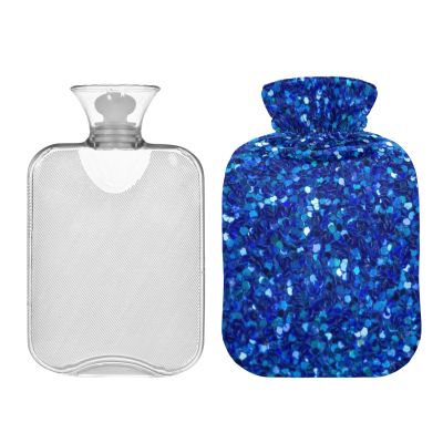 1L Large Hot Water Bottle Bag with Cover, Blue Agate Glitter Hot Water Bag for Hand Feet Hot Therapy, Menstrual Cramps, Neck and Shoulder Pain Relief