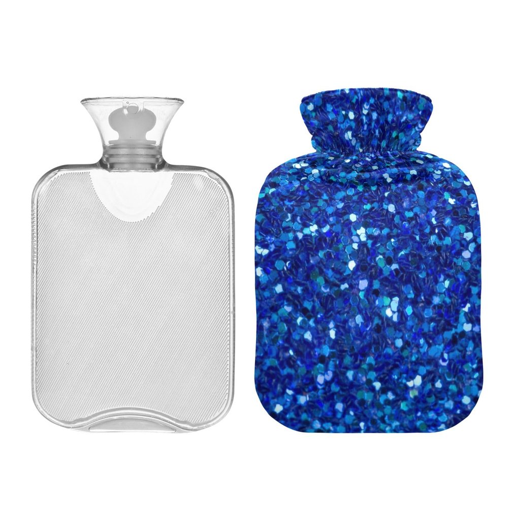 1L Large Hot Water Bottle Bag with Cover, Blue Agate Glitter Hot Water Bag for Hand Feet Hot Therapy, Menstrual Cramps, Neck and Shoulder Pain Relief
