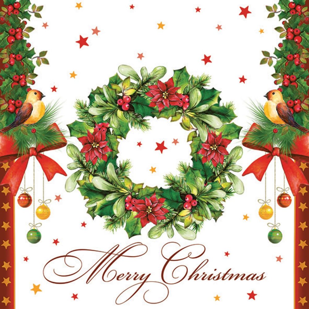 3-Ply Daisy Xmas Decoupage Tissue Paper Napkins Decorative Christmas Serviettes 33cm x 33cm - Pack of 20 (Merry Christmas Wreath)
