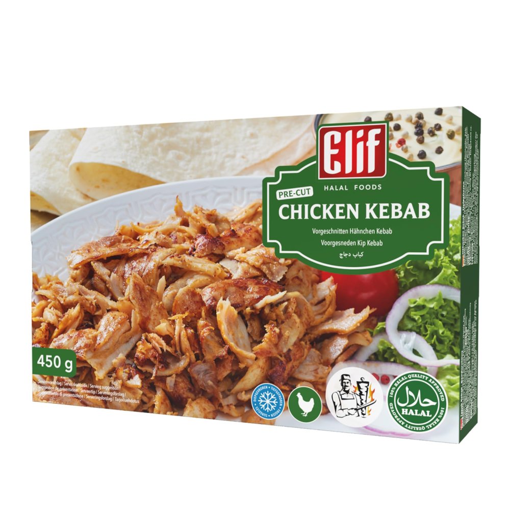 Elif Chicken Doner 450g | Pre Sliced Grilled Chicken Kebab | Netherland Frozen Halal Foods | Halal Dishes on The Table with Ease | Stone Oven Baked Ready Meals (Chicken Doner 450g, 1 Pack)