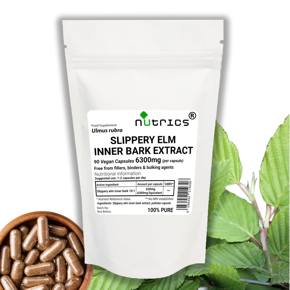 Nutrics Slippery Elm Inner Bark 6300mg (per Capsule) 90 V Capsules - Ulmus rubra 100% Pure - Suitable for Vegan Vegetarian (90)