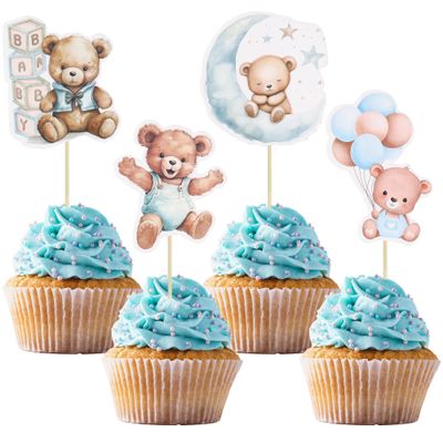 Gyufise 36Pcs Moon Bear Cupcake Toppers - Baby Bear Baby Shower Jungle Animal Theme Blue