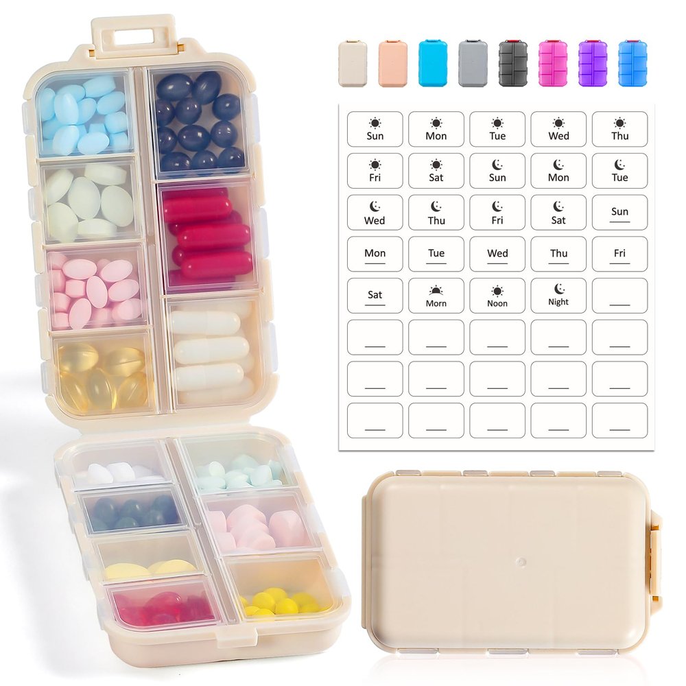 14 Grids Pill Organizer Box with 40 White Labels - Travel Medicine Case Kit - Pocket Daily Weekly Pharmacy Container - 7 Day, 2 Times a Day Vitamin Supplement Medication Holder Dispenser - Khaki