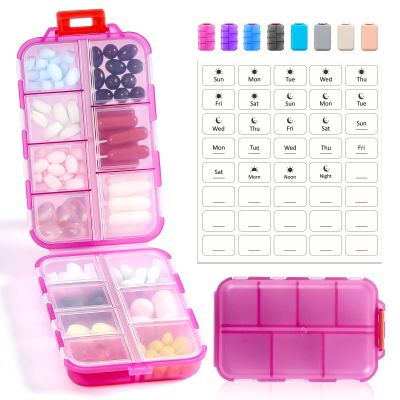 14 Grids Pill Organizer Box with 40 White Labels - Travel Medicine Case Kit - Pocket Daily Weekly Pharmacy Container - 7 Day, 2 Times a Day Vitamin Supplement Medication Holder Dispenser- Clear Pink