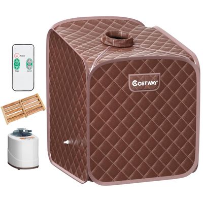 COSTWAY Portable Steam Sauna Tent, Folding Personal Full Body Spa Home Sauna with 1000W Generator, 9 Levels Temperature, Timer, Chair & Foot Massage Roller, Therapy Detox Room Steam Cabin (Coffee)