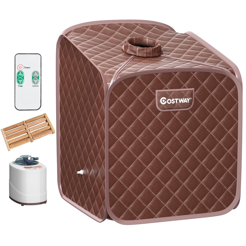 COSTWAY Portable Steam Sauna Tent, Folding Personal Full Body Spa Home Sauna with 1000W Generator, 9 Levels Temperature, Timer, Chair & Foot Massage Roller, Therapy Detox Room Steam Cabin (Coffee)