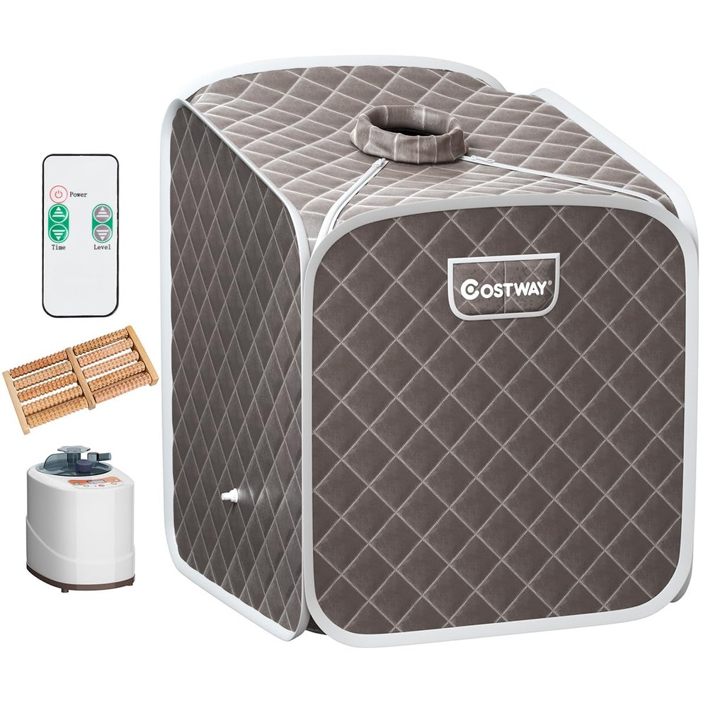 COSTWAY Portable Steam Sauna Tent, Folding Personal Full Body Spa Home Sauna with 1000W Generator, 9 Levels Temperature, Timer, Chair & Foot Massage Roller, Therapy Detox Room Steam Cabin (Grey)