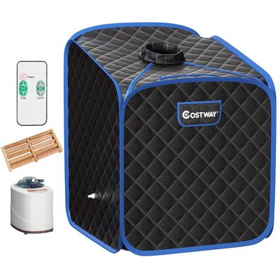 COSTWAY Portable Steam Sauna Tent, Folding Personal Full Body Spa Home Sauna with 1000W Generator, 9 Levels Temperature, Timer, Chair & Foot Massage Roller, Therapy Detox Room Steam Cabin (Black)