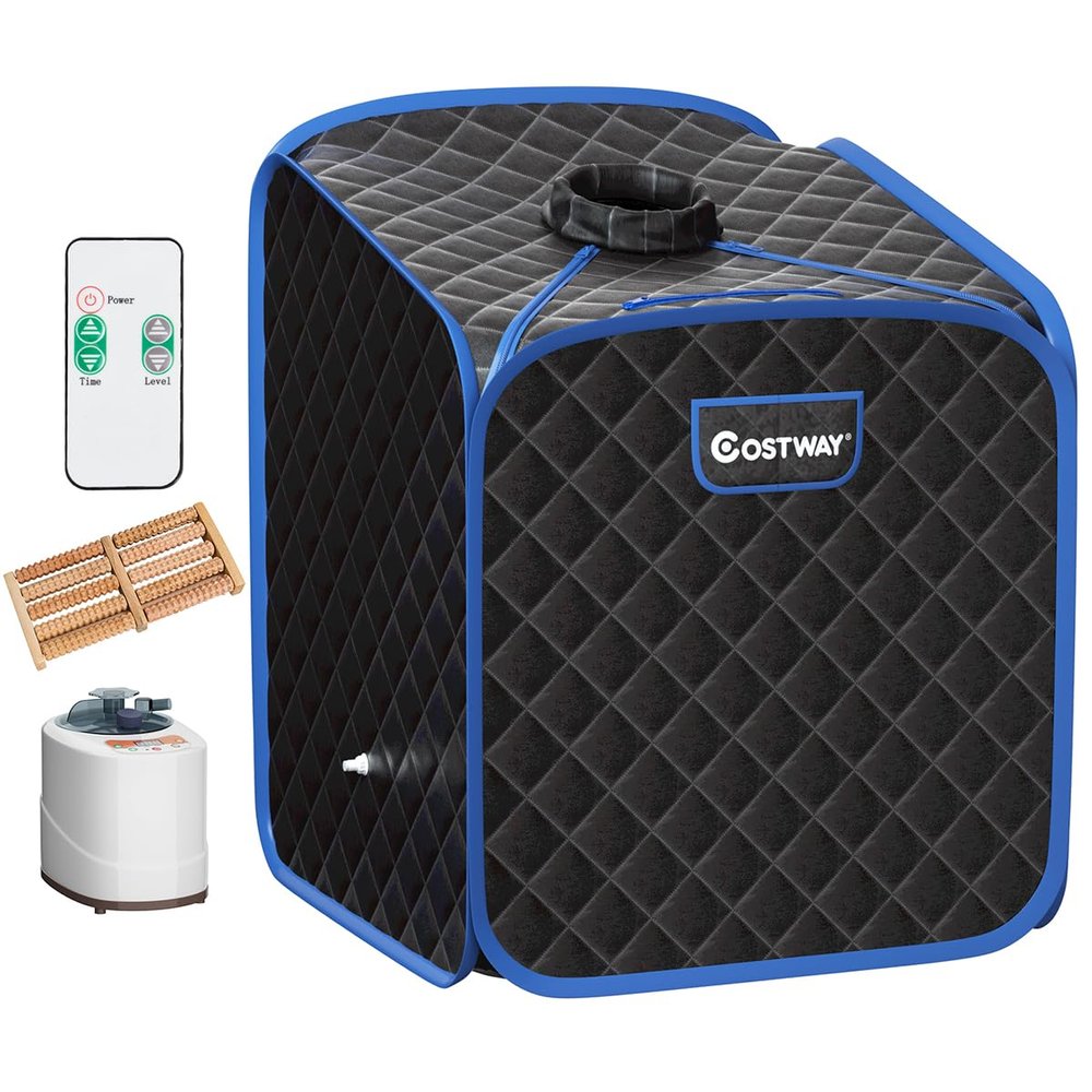 COSTWAY Portable Steam Sauna Tent, Folding Personal Full Body Spa Home Sauna with 1000W Generator, 9 Levels Temperature, Timer, Chair & Foot Massage Roller, Therapy Detox Room Steam Cabin (Black)