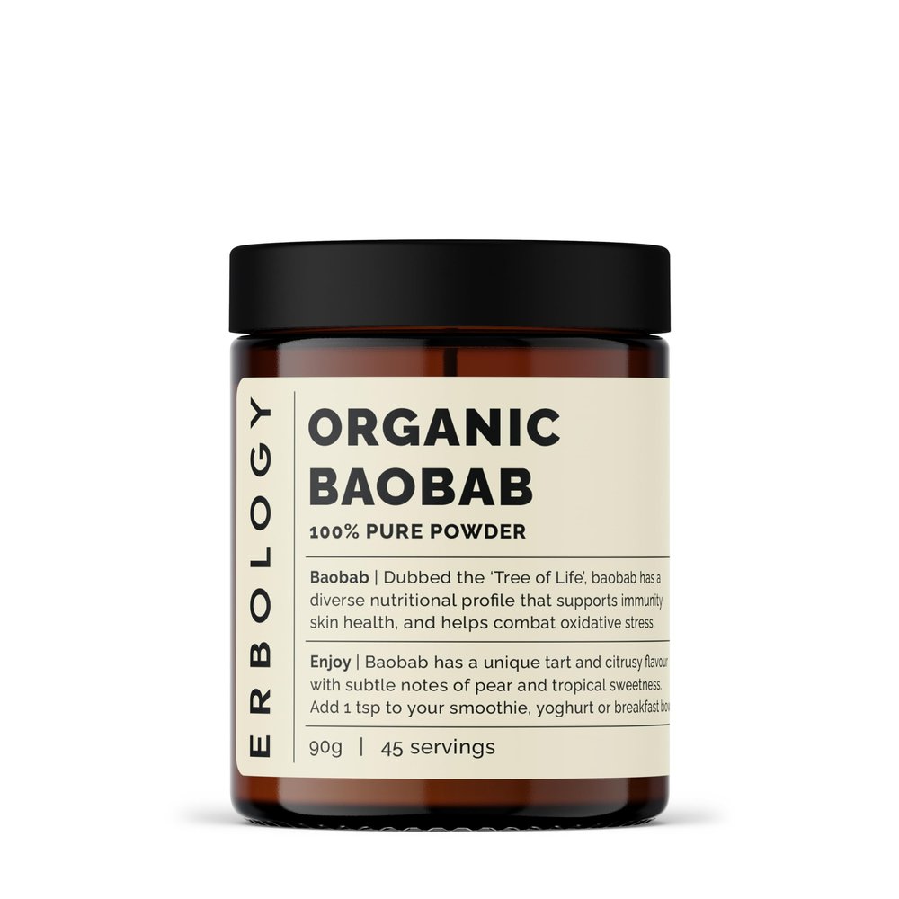Erbology Organic Baobab Powder 90g - 45 Servings - Skin Health and Immunity Support - Rich in Vitamin C, B Vitamins and Polyphenols - Sustainably Sourced Straight from Farm - Vegan - GMO-Free