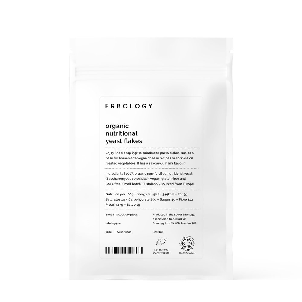 Erbology Organic Nutritional Yeast Powder 120g - 24 Servings - Non-Fortified - Immunity and Gut Health Support - Rich in B Vitamins - Sustainably Sourced in Europe - Vegan - GMO-Free