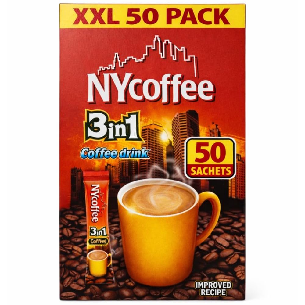 50 x NY Coffee 3 in 1 Sachets White Coffee Sachet with Sugar, 5 Boxes x 10 Instant Sachets - Individual Flavoured Sticks Ideal For Home, Work and Travel, Funtasy Gifts