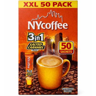 50 x NY Coffee 3 in 1 Sachets Salted Caramel Flavour Individual Sticks - 5 Boxes x 10 Instant Sachets - Flavoured Coffee Sticks Ideal For Home, Work and Travel, Funtasy Gifts